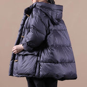 women plus size down jacket black hooded pockets goose Down coat - SooLinen