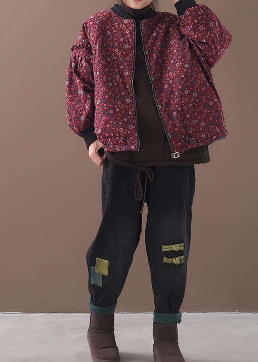 women plus size down jacket zippered outwear red floral patchwork o neck short coats - SooLinen