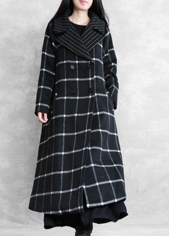 women plus size long coats woolen outwear black plaid Notched tie waist woolen overcoat - SooLinen