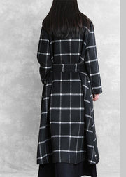 women plus size long coats woolen outwear black plaid Notched tie waist woolen overcoat - SooLinen