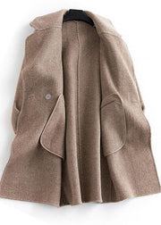 women plus size pockets outwear khaki Notched Woolen Coat - SooLinen