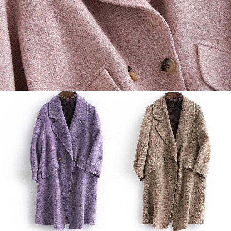 women plus size pockets outwear khaki Notched Woolen Coat - SooLinen