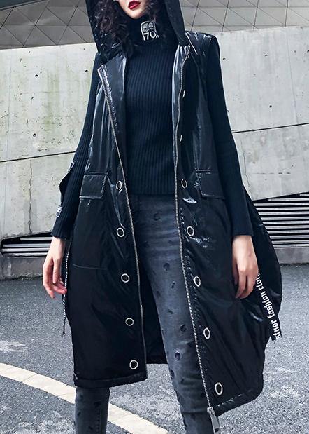 women plus size sleeveless warm winter coat black hooded zippered women parka - SooLinen