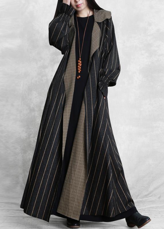 women plus size trench coat dark gray striped Notched pockets wool coat ...