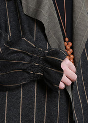 women plus size trench coat dark gray striped Notched pockets wool coat for woman - SooLinen