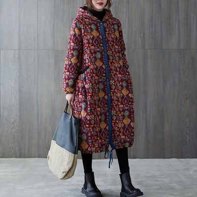 women plus size warm winter coat winter coats burgundy print hooded pockets coat - SooLinen