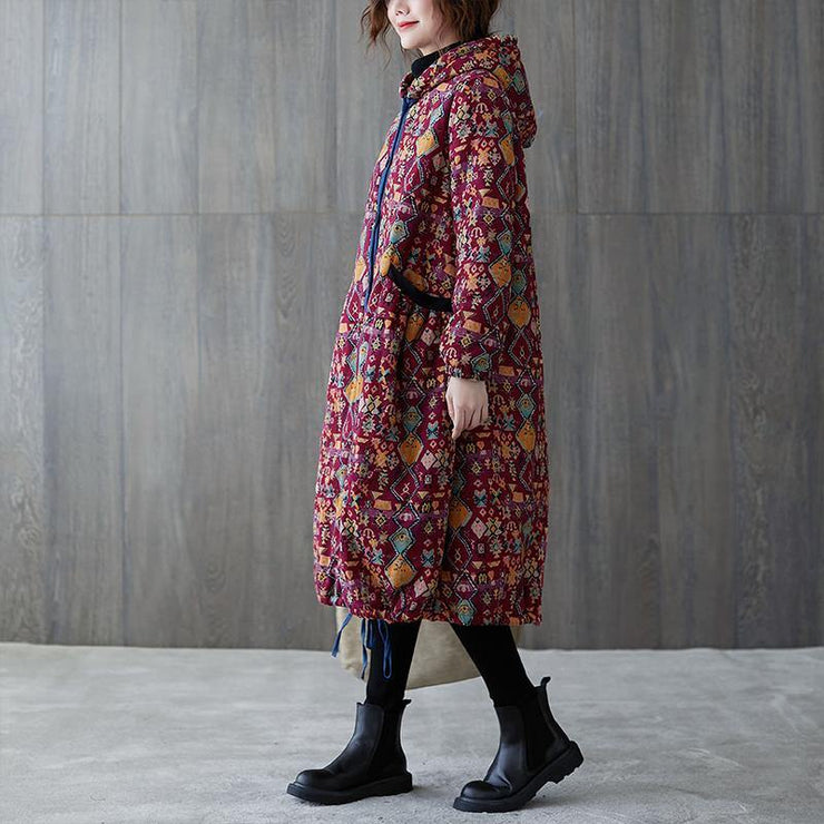 women plus size warm winter coat winter coats burgundy print hooded pockets coat - SooLinen