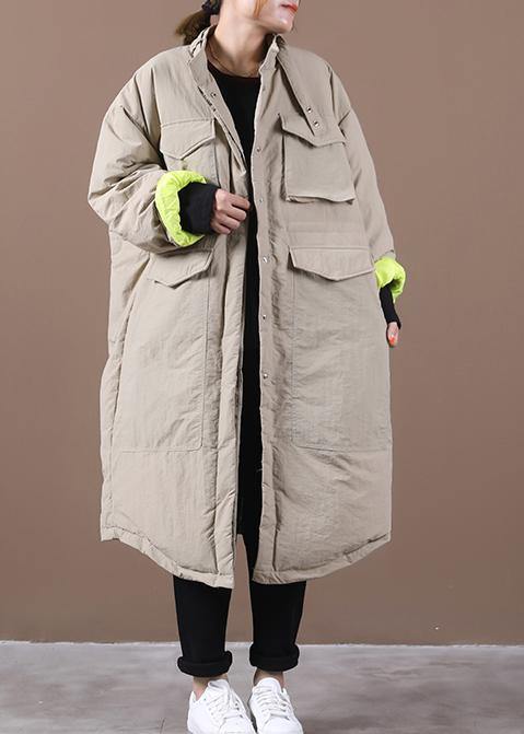 women plus size winter jacket pockets khaki stand collar asymmetric warm winter coat - SooLinen