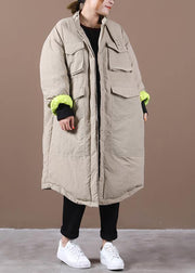 women plus size winter jacket pockets khaki stand collar asymmetric warm winter coat - SooLinen