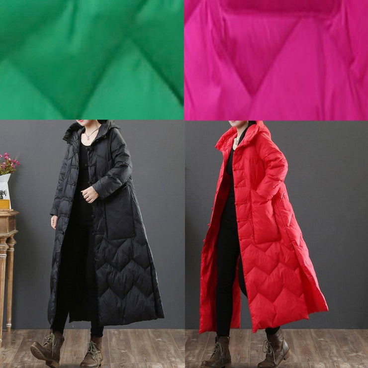 women plus size winter outwear red hooded Chinese Button duck down coat - SooLinen