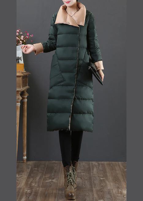 women plus size womens parka overcoat blackish green stand collar pockets duck down coat - SooLinen