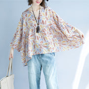 Frauen drucken Baumwoll-Leinen-Pullover trendy plus Größe Reisebluse Vintage O-Ausschnitt extra großer Saum Baumwollkleidung