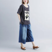 women pure linen tops oversized Casual Stripe Short Sleeve Embroidery High-low Hem Tops