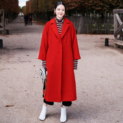 women red Winter coat plus size Notched Wool Coat vintage pockets tie waist wool jackets