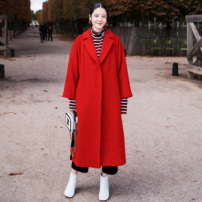 women red Winter coat plus size Notched Wool Coat vintage pockets tie waist wool jackets