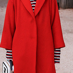 Frauen roter Wintermantel plus Größe gekerbter Wollmantel Vintage-Taschen Krawatte Taille Wolljacken