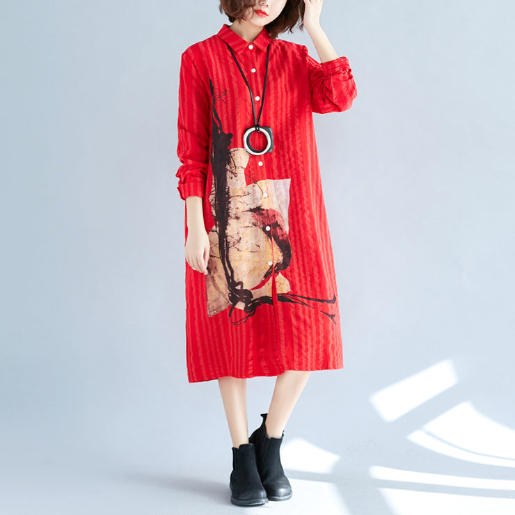 Frauen rotes Baumwoll-Hemdkleid plus Größe Urlaubskleider Elegantes langärmliges Baumwoll-Hemdkleid mit Umlegekragen