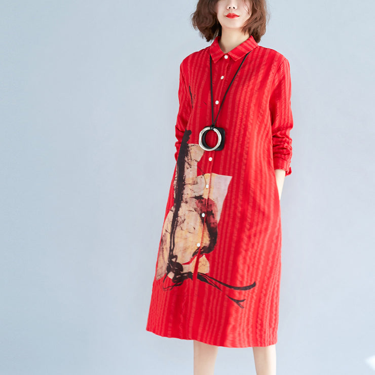 women red cotton shift shirt dresses plus size holiday dresses Elegant long sleeve Turn-down Collar cotton shirt dress