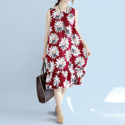 Damen rote Leinenkleider übergroßes Reisekleid Feine ärmellose Baumwollkleider mit Blumenmuster