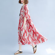 women red linen maxi dress oversize short sleeve print long cotton dresses fine o neck traveling clothing