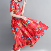 Frauen rotes langes Baumwoll-Leinen-Kleid lässiger Druck Cinched lange Baumwollkleider Feines Baumwoll-Leinen-Kleid mit V-Ausschnitt und Kordelzug