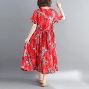Frauen rotes langes Baumwoll-Leinen-Kleid lässiger Druck Cinched lange Baumwollkleider Feines Baumwoll-Leinen-Kleid mit V-Ausschnitt und Kordelzug