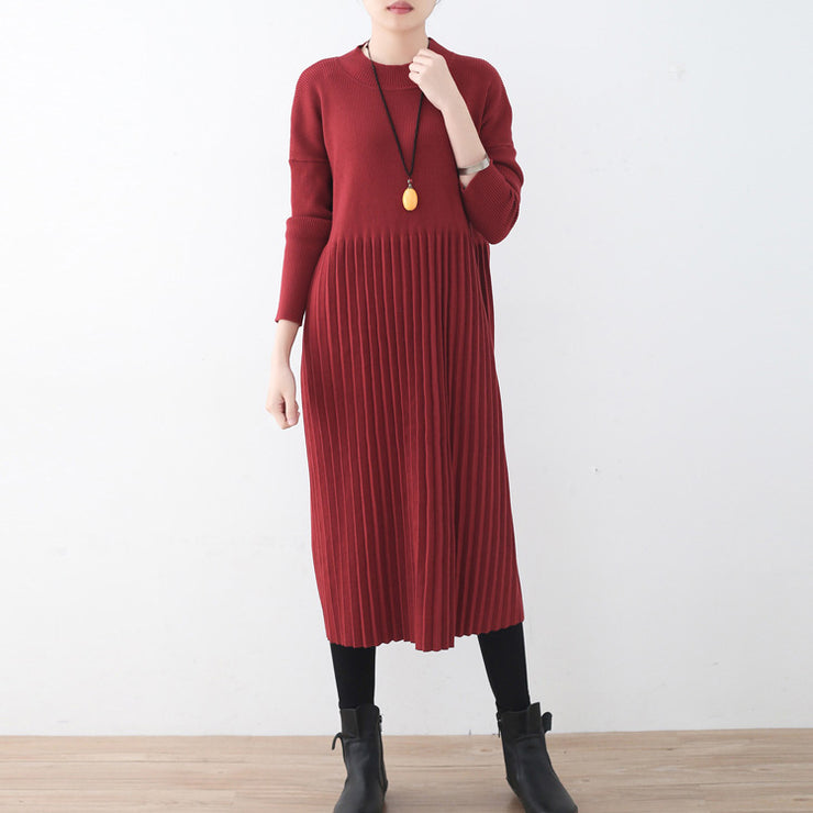 roter langer Pullover für Frauen, übergroßer Pullover mit O-Ausschnitt, feine Cinched-Herbstkleider
