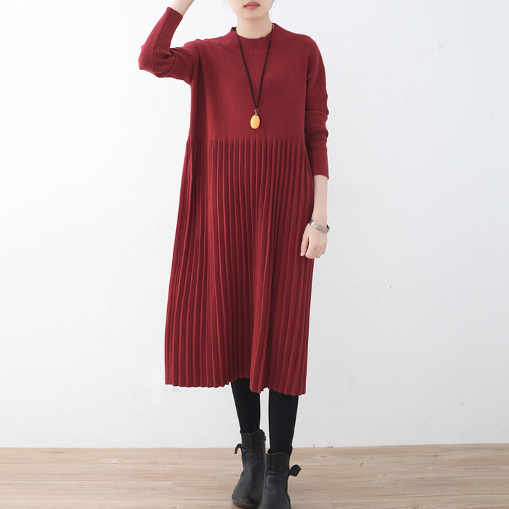 roter langer Pullover für Frauen, übergroßer Pullover mit O-Ausschnitt, feine Cinched-Herbstkleider