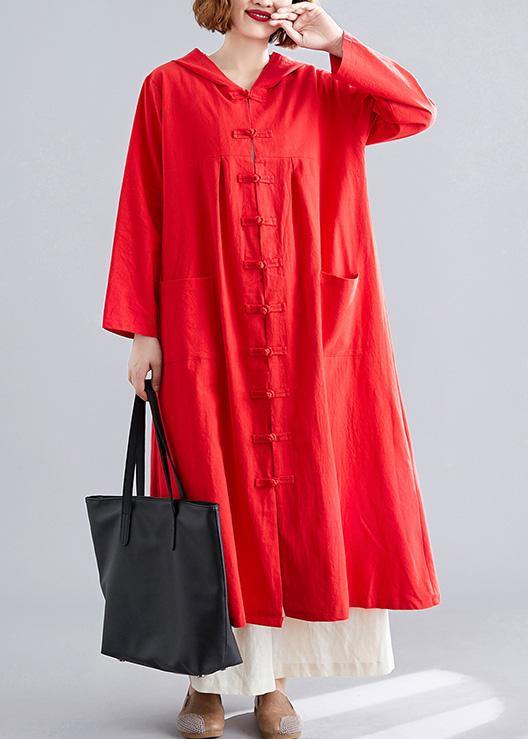 women red overcoat plus size hooded coats pockets Chinese Button coats - SooLinen