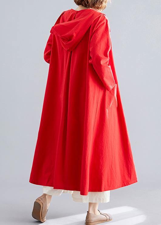 women red overcoat plus size hooded coats pockets Chinese Button coats - SooLinen