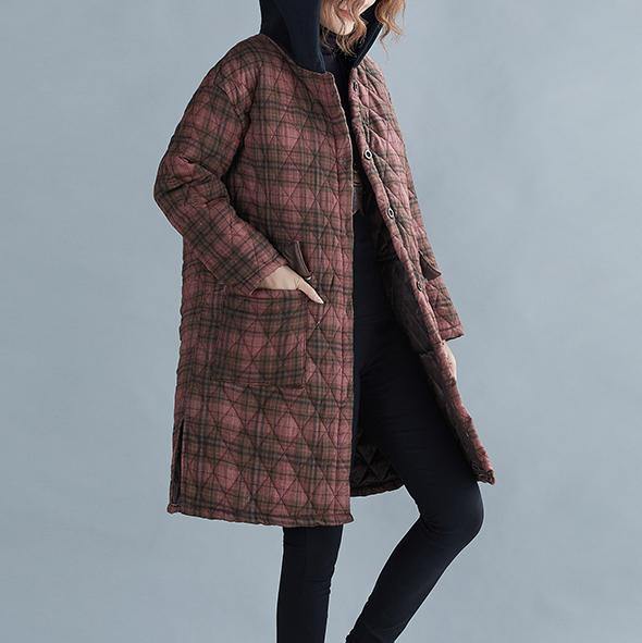 women red plaid coat plus size Coats hooded pockets overcoat - SooLinen