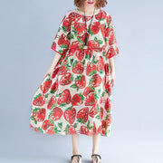 Frauen rotes Chiffon-Kleid mit natürlichem Druck, übergroßes Kleid, Boutique-Kurzarm-O-Ausschnitt, extra großer Saum, Midikleid