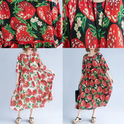 women red print natural Chiffon dress oversized dress boutique short sleeve o neck Extra large hem midi dress