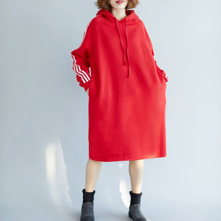 Frauen rot Frühlingskleid Baumwolle Oversize Urlaub Kleider warm dick mit Kapuze