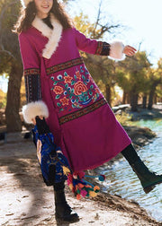 women red winter outwear Loose fitting snow jackets embroidery faux fur collar winter outwear - SooLinen