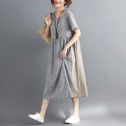 women striped Midi cotton linen dresses casual traveling dress vintage short sleeve tie waist v neck cotton linen clothing