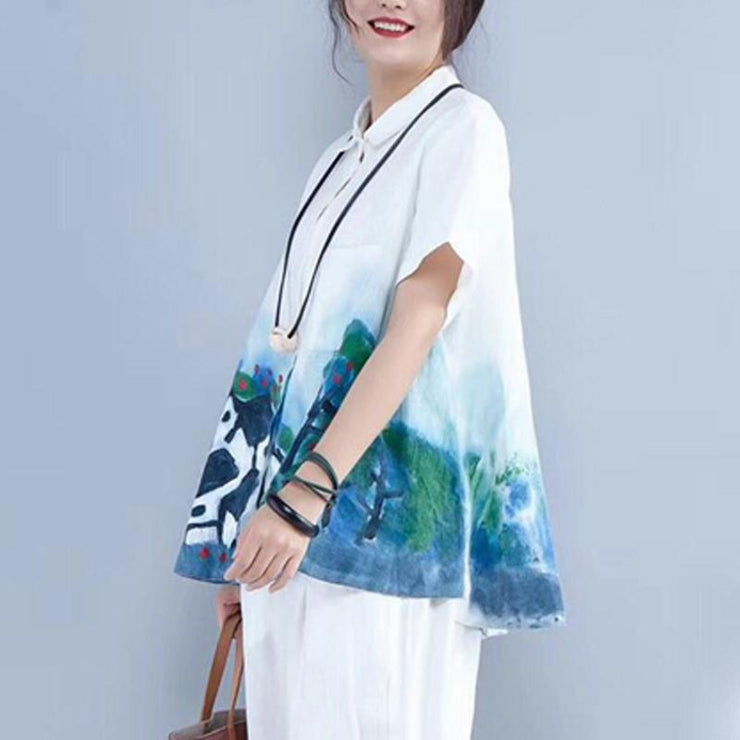 women summer linen tops Loose fitting Printing linen Loose Pocket White Blouse