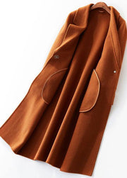 women trendy plus size medium length jackets coat brown lapel collar Woolen Coats - SooLinen