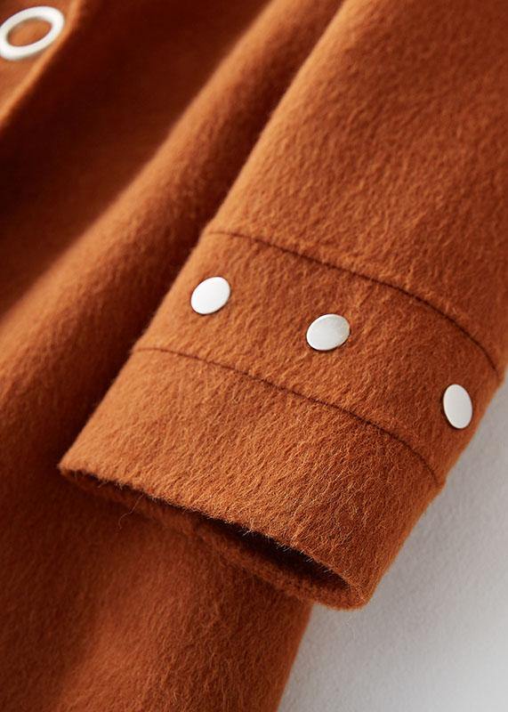 women trendy plus size medium length jackets coat brown lapel collar Woolen Coats - SooLinen