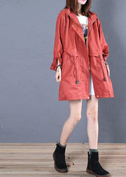 women trendy plus size mid-length coats fall red drawstring Coats - SooLinen