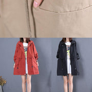 women trendy plus size mid-length coats fall red drawstring Coats - SooLinen