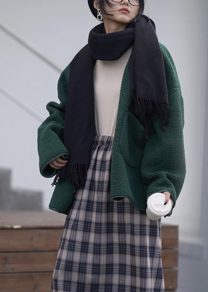 women trendy plus size winter coat woolen outwear green v neck pockets outwear - SooLinen