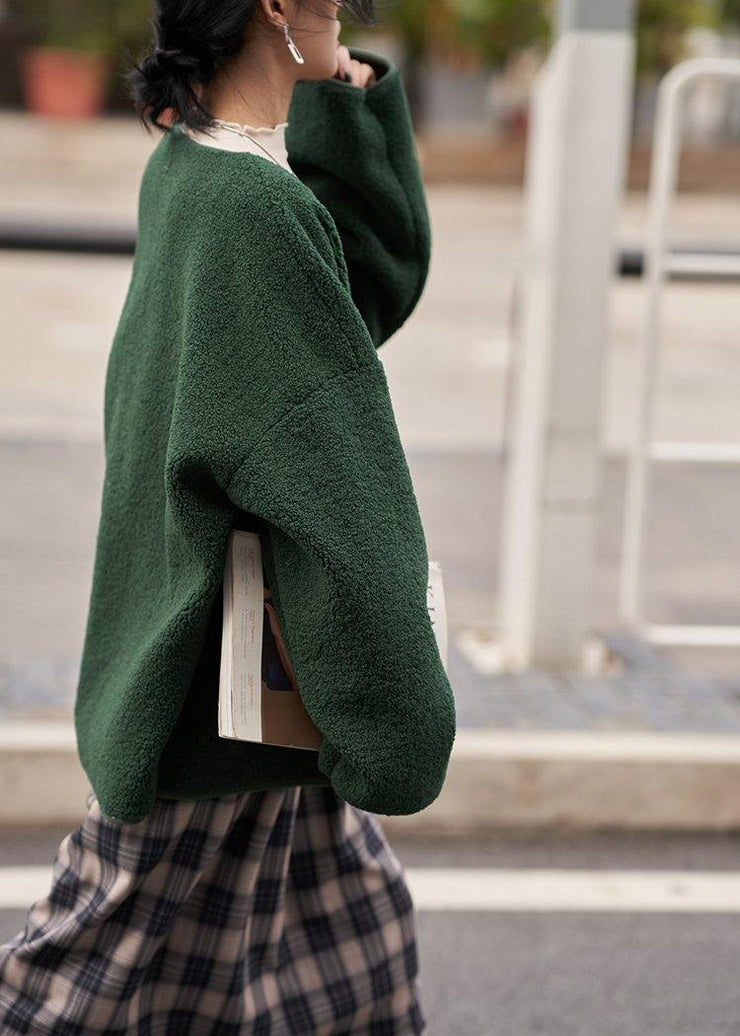 women trendy plus size winter coat woolen outwear green v neck pockets outwear - SooLinen