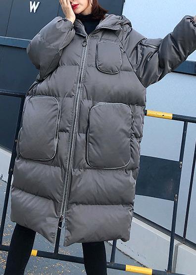 women trendy plus size winter jacket overcoat gray hooded zippered women parka - SooLinen