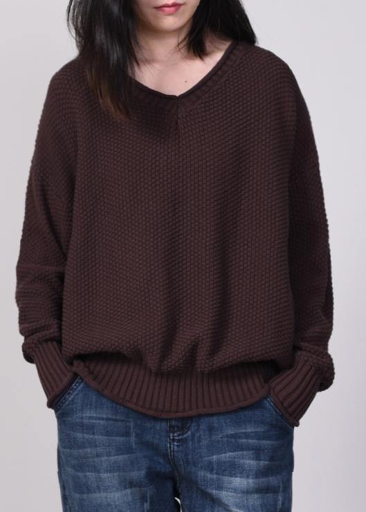 women v neck sweater oversize solid color sweaters chocolate - SooLinen