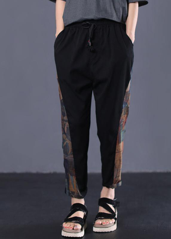 women vintage side prints cotton loose trousers black elastic waist casual pants - SooLinen