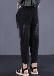 women vintage side prints cotton loose trousers black elastic waist casual pants - SooLinen