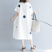 women white dotted cotton shift dress oversize shirt dress New short sleeve O neck baggy dresses natural cotton dress
