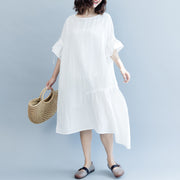 Frauen weißes langes Baumwoll-Leinen-Kleid plus Größe O-Ausschnitt Kaftane mit Kordelzug feine Blütenblatt-Ärmel Baggy-Kleider