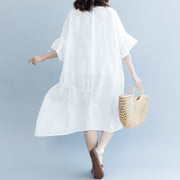 Frauen weißes langes Baumwoll-Leinen-Kleid plus Größe O-Ausschnitt Kaftane mit Kordelzug feine Blütenblatt-Ärmel Baggy-Kleider